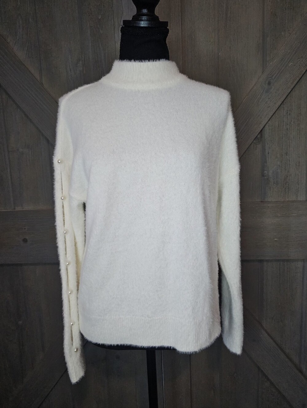 NWT Nikka K Women's Fuzzy Mock Neck Sweater Pearl Sleeve Ivory Size M
